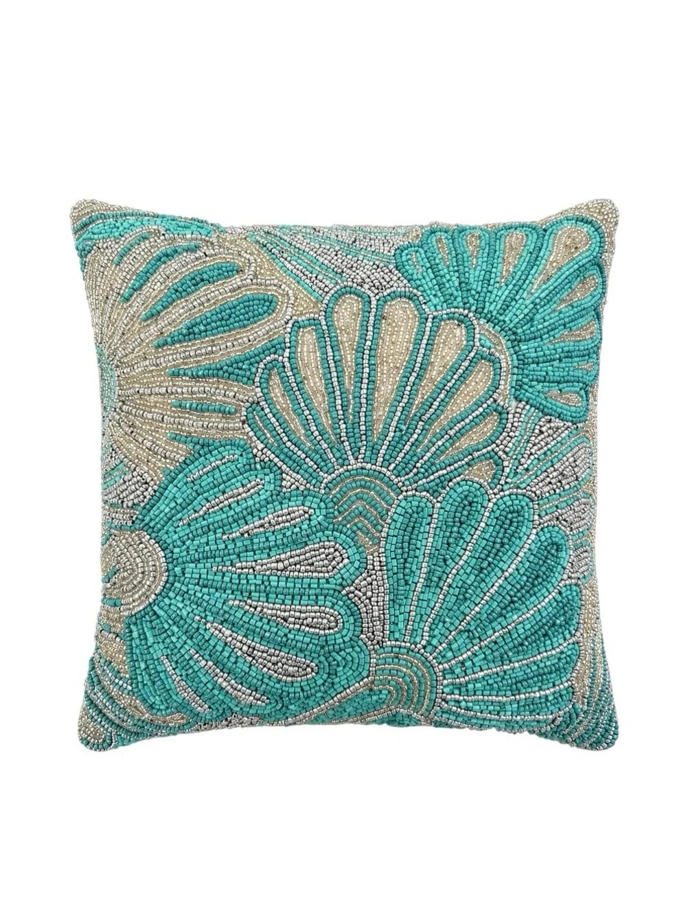 Beaded Seashell Motif 12” x 12” Square Decorative Pillow Blue